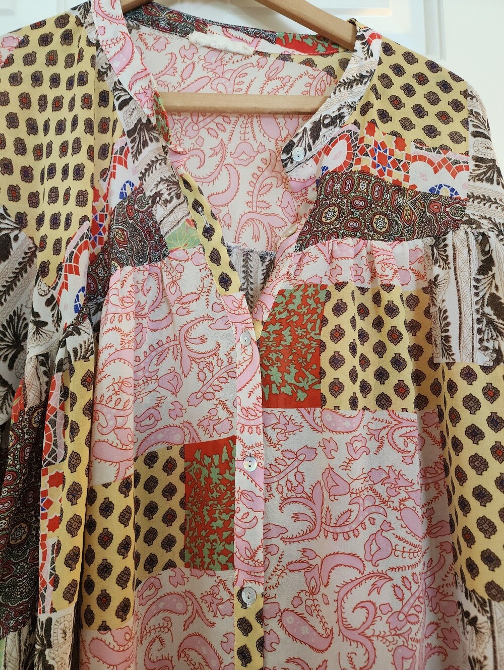 Eesome Patchwork Button Blouse Flowy Bohemian Pink Size L Festival Whimsy - Picture 3 of 8